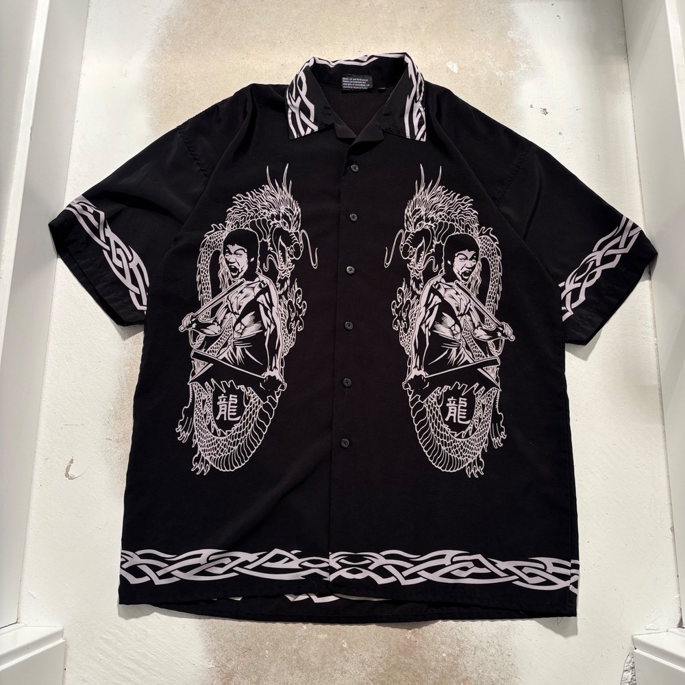 Bruce Lee Dragon Graphic Button Up Shirt Mens XL Black Martial Arts Y2K Shirt